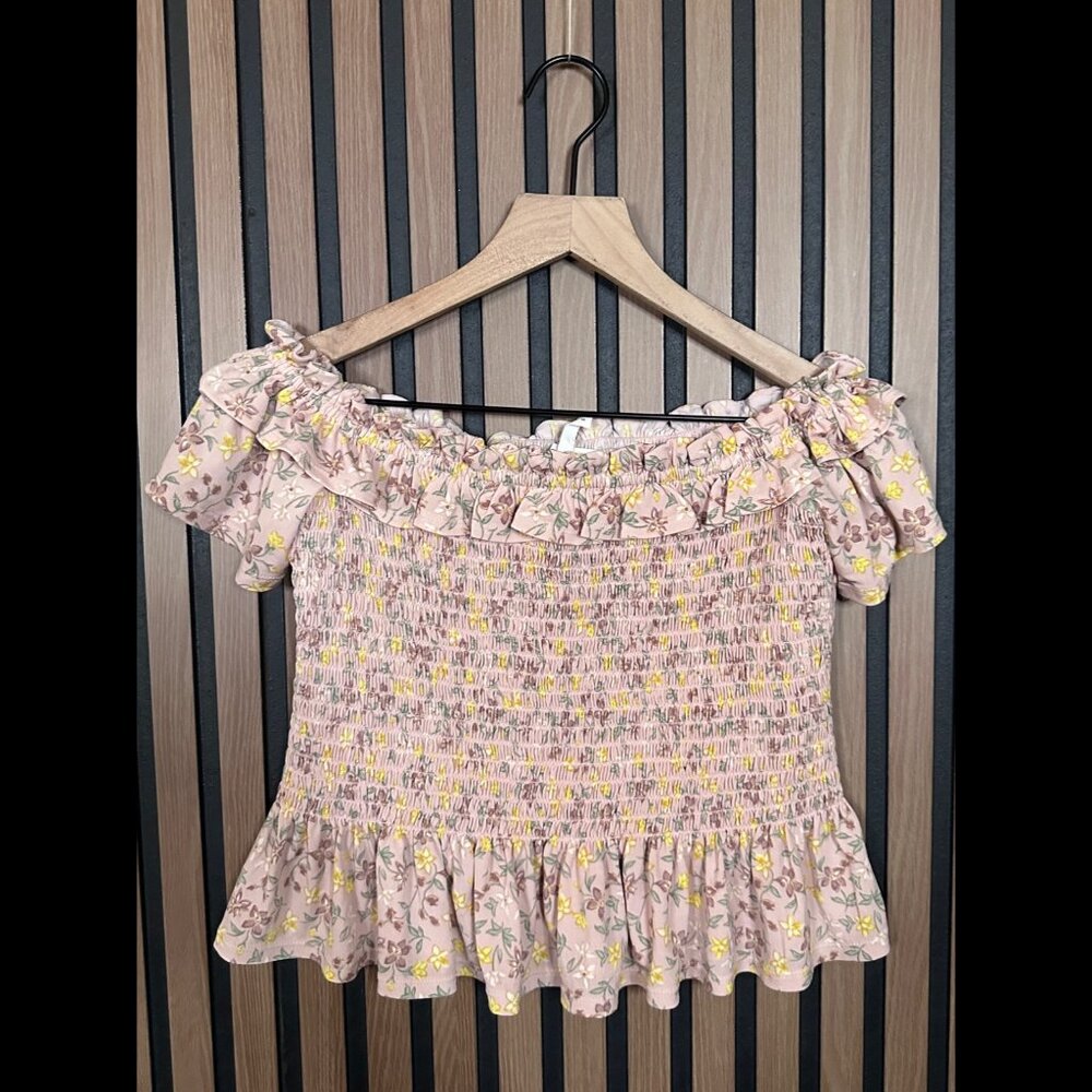 BGBGeneration Crop Top Small Pink Peasant Smocked Ruffle Trim Short Sleeve Flor